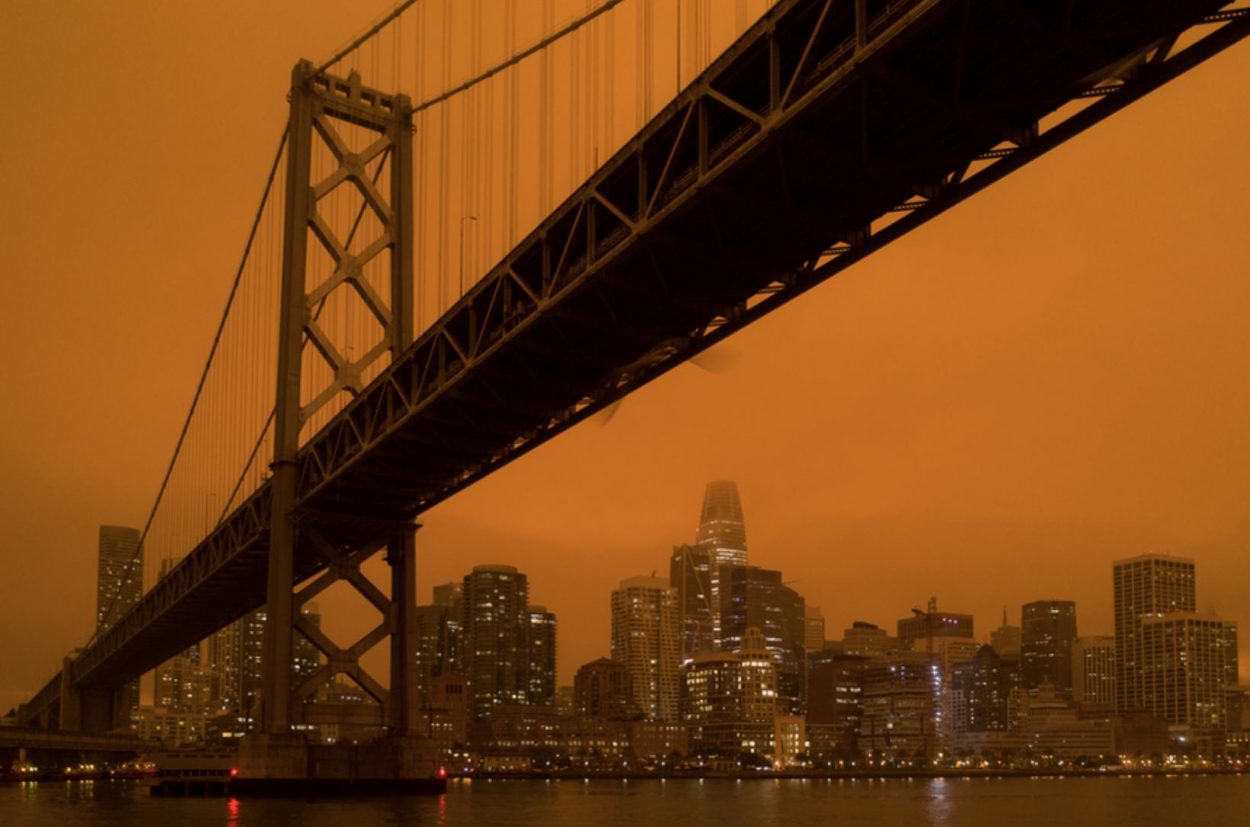 Smoke from the North Complex fire in summer 2020 settled over San Francisco, turning the daytime sky a dark orange