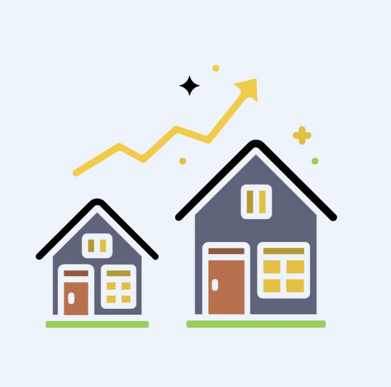 image of two houses side-by-side, one small and one larger, representing the increasing in value and size